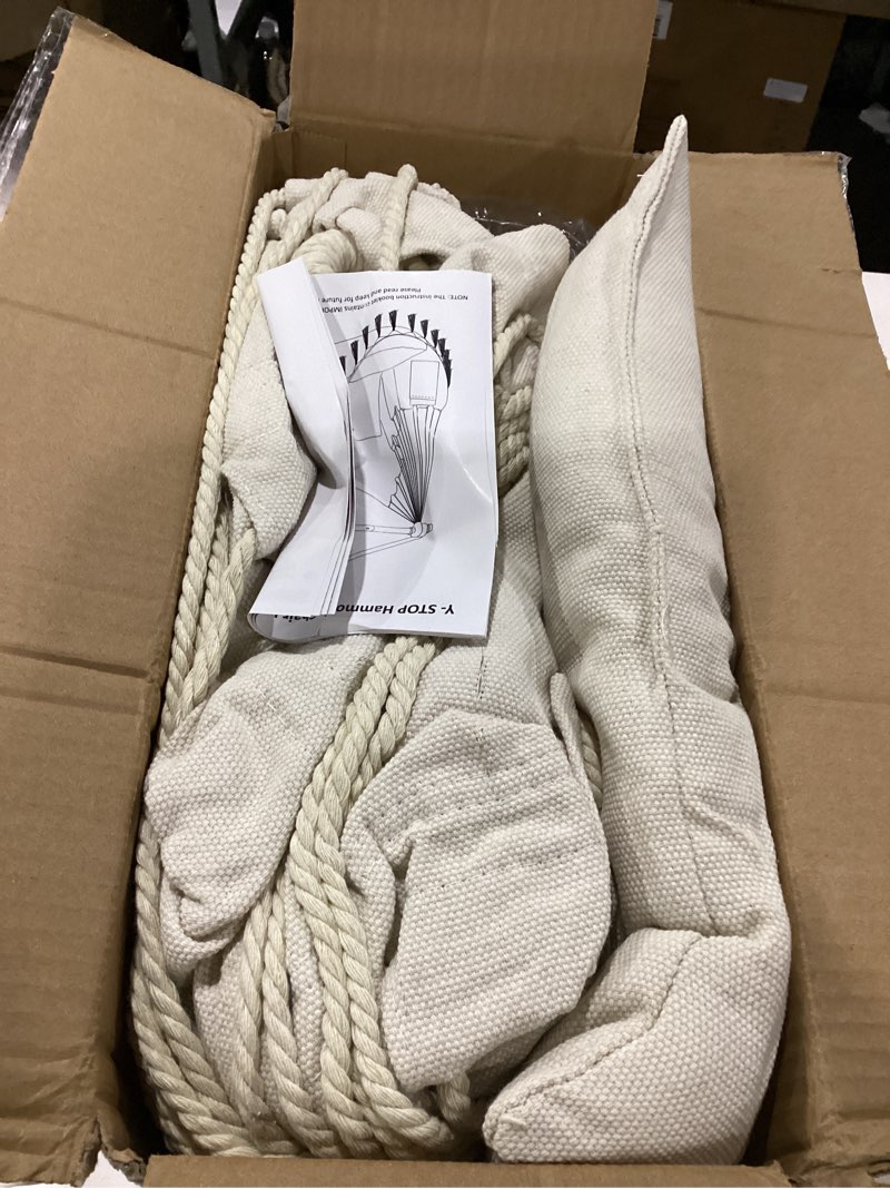 Condition photo showing As Is for y- stop hammock chair hanging rope swing, max 500 lbs, 2 cushions included, large macrame hanging chair with pocket for superior comfort, with hardware kit (beige) b-beige