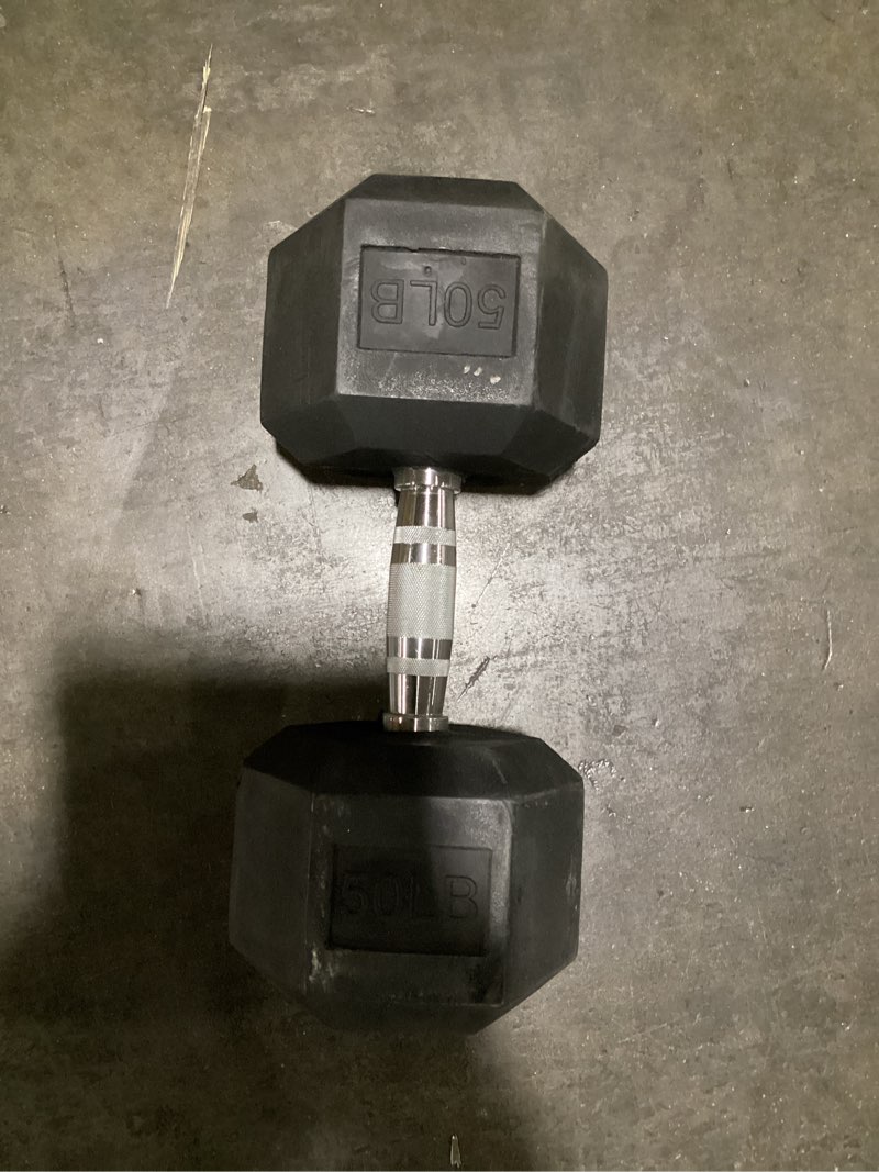 Condition photo showing Good Condition for Fitvids Rubber Encased Exercise & Fitness Hex Dumbbell, Hand Weights with Anti-Slip Metal Handle for Home Gym, Multiple Sizes 50LB Single