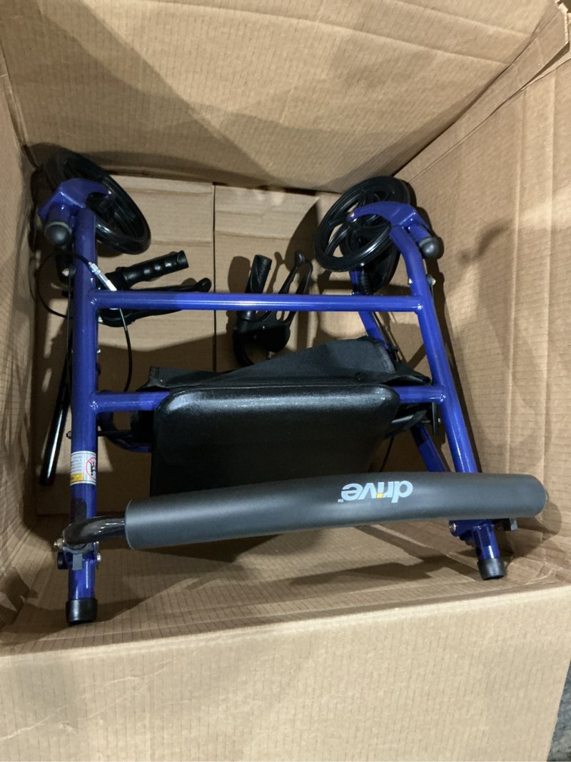 Condition photo showing Good Condition for drive medical rollator walker with seat - stable mobility support - height adjustable - durable steel frame construction - smooth 7.5" wheels - foldable - 350 lb limit - blue