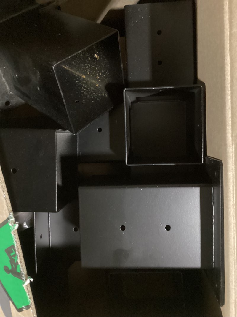 Condition photo showing As Is for (possibly incomplete & used)pergola bracket kit 4x4 (actual 3.6 x 3.6 in), 3-way corner & 4-way center brackets with post base set, heavy duty 2mm steel hardware with hooks for patio, gazebo & backyard build 4p 3-way+2p 4-way bracket +6p base