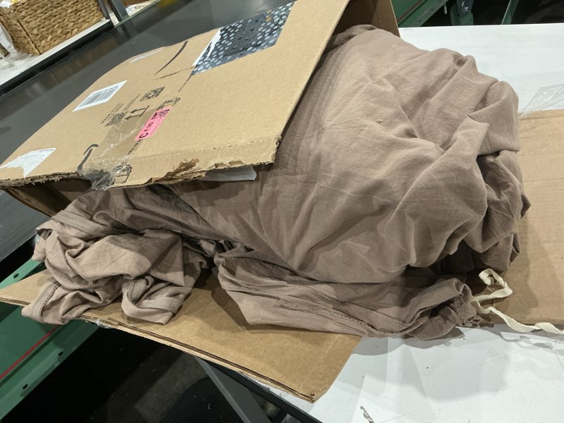 Condition photo showing As Is for jiyuan oversized king duvet cover set, 3-piece - 100% washed cotton, linen-like soft & breathable with zipper closure, includes 120x98 inch cover & 2 pillowcases, solid light brown solid light brown (no comforter) palatial king/oversized king(120"x98")