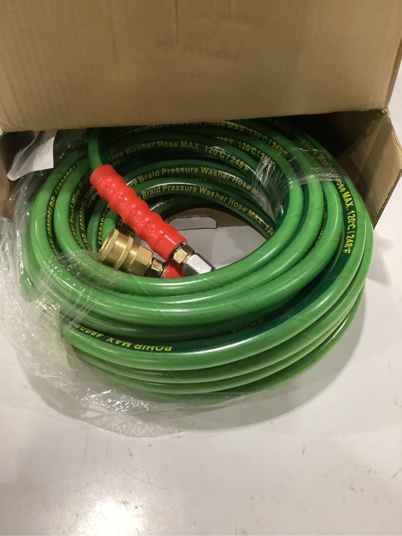 Condition photo showing As Is for pressure washer hose 50ft 4800psi non marking 3/8’’ 4-layer structure | steel braided heavy duty antiburst power washing hose with swivel 3/8’’ quick connect commercial&home for powerful cleaning 50 ft green