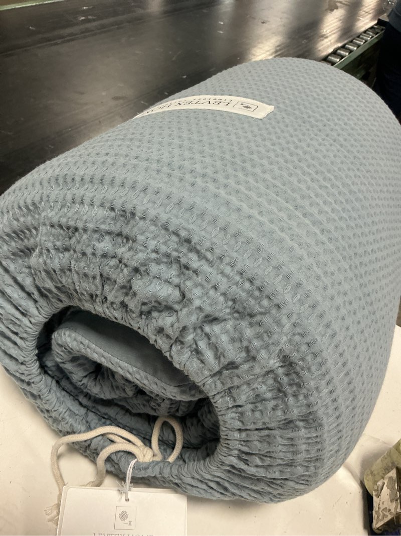 Condition photo showing Good Condition for levtex home cloud waffle king/cal king comforter set (106x94in) with 2 pillow shams (36x20in) - solid waffle cotton texture - chambray - 100% cotton king size comforter set - soft, pre-washed king/cal king comforter chambray