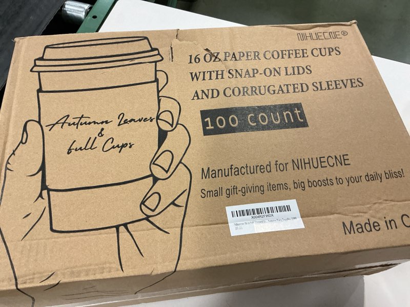 Condition photo showing New/Like New for 100 Pack 16 oz Fall Themed Disposable Coffee Cups with Snap-on Lids and Sleeves - for Hot or Cold Drinks, Pumpkin Spice Latte, Halloween, Thanksgiving, Autumn Party Supplies