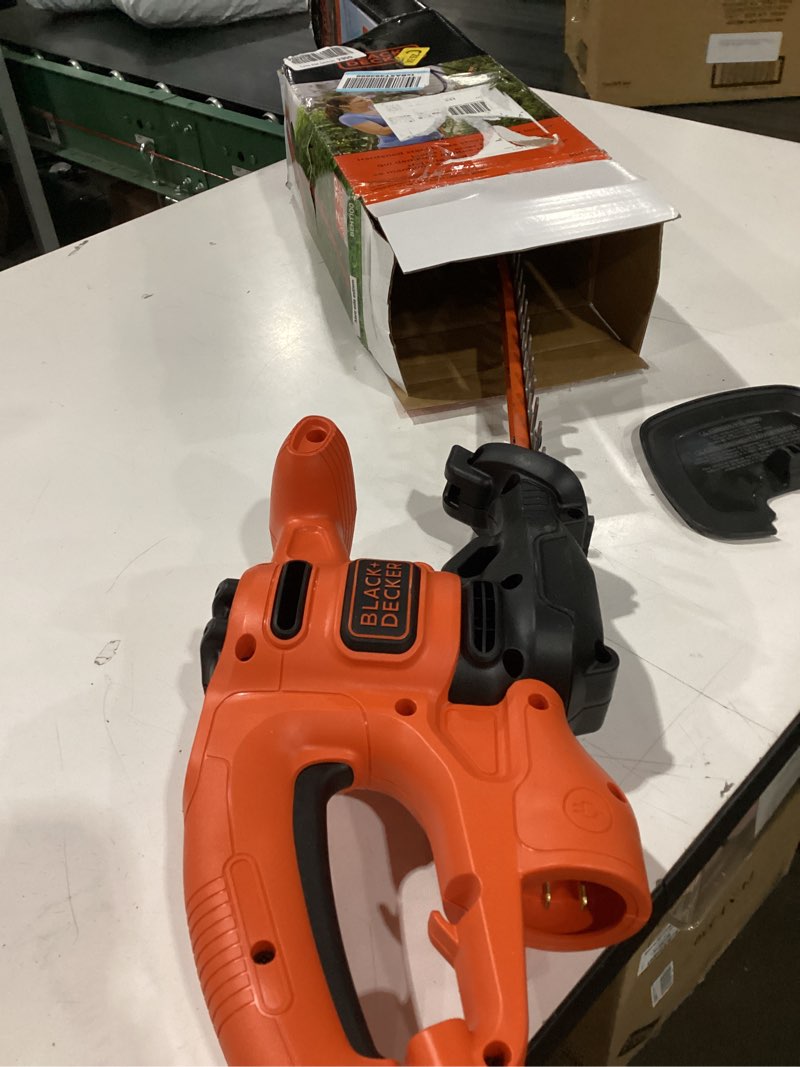 Condition photo showing As Is for black+decker electric hedge trimmer, 16-inch 3.0 amp compact corded power hedge trimmer (beht100)