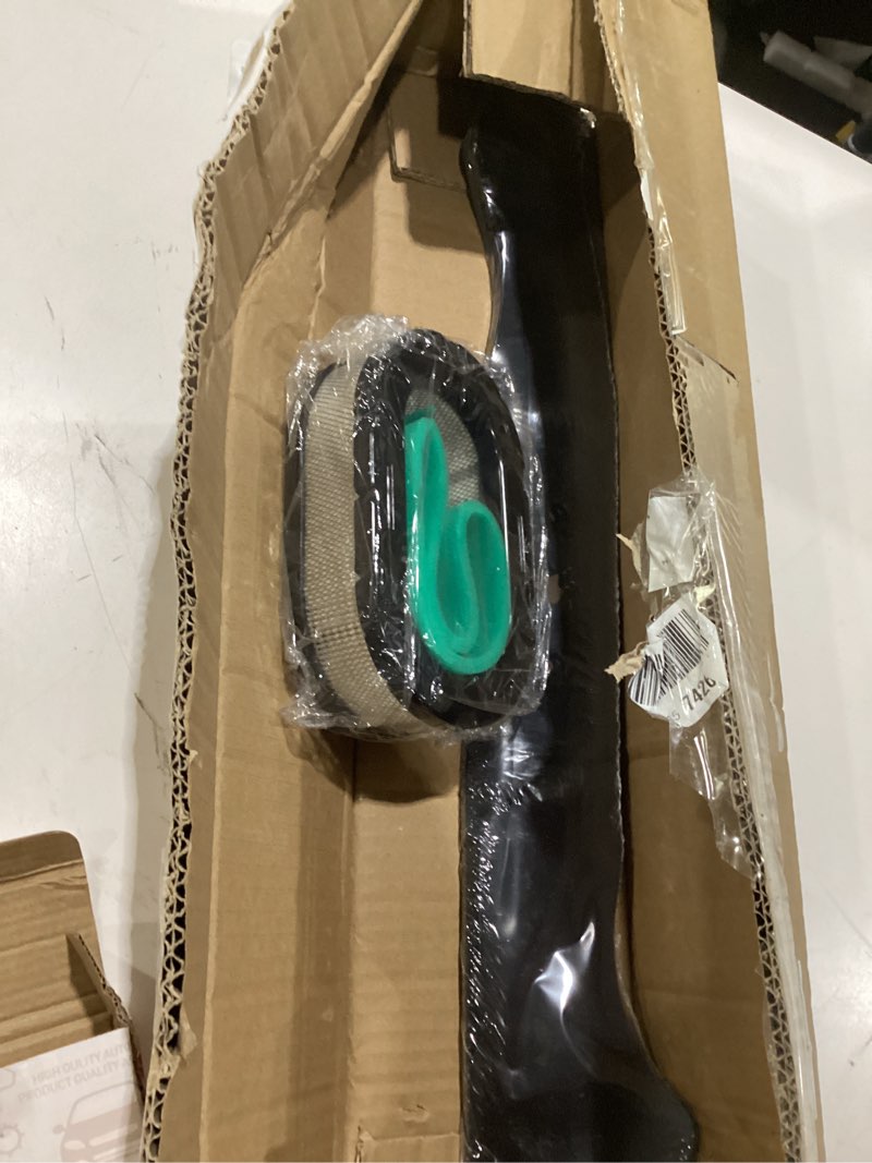 Condition photo showing As Is for 46 inch mower blades and oil change kit compatible with cub cadet xt1-lt46 - includes high-lift blades 942-04244a air fuel filters spark plugs, similar to stock photo, incomplete