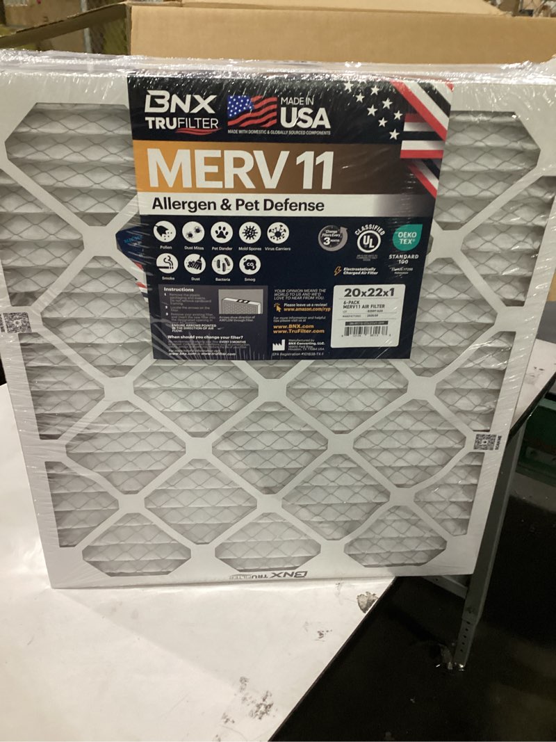 Condition photo showing New/Like New for bnx trufilter 20x22x1 air filter merv 11 (6-pack) - made in usa - allergen defense electrostatic pleated air conditioner hvac ac furnace filters for allergies, dust, pet, smoke, allergy mpr 1200 fpr 7 merv 11 20x22x1 6-pack