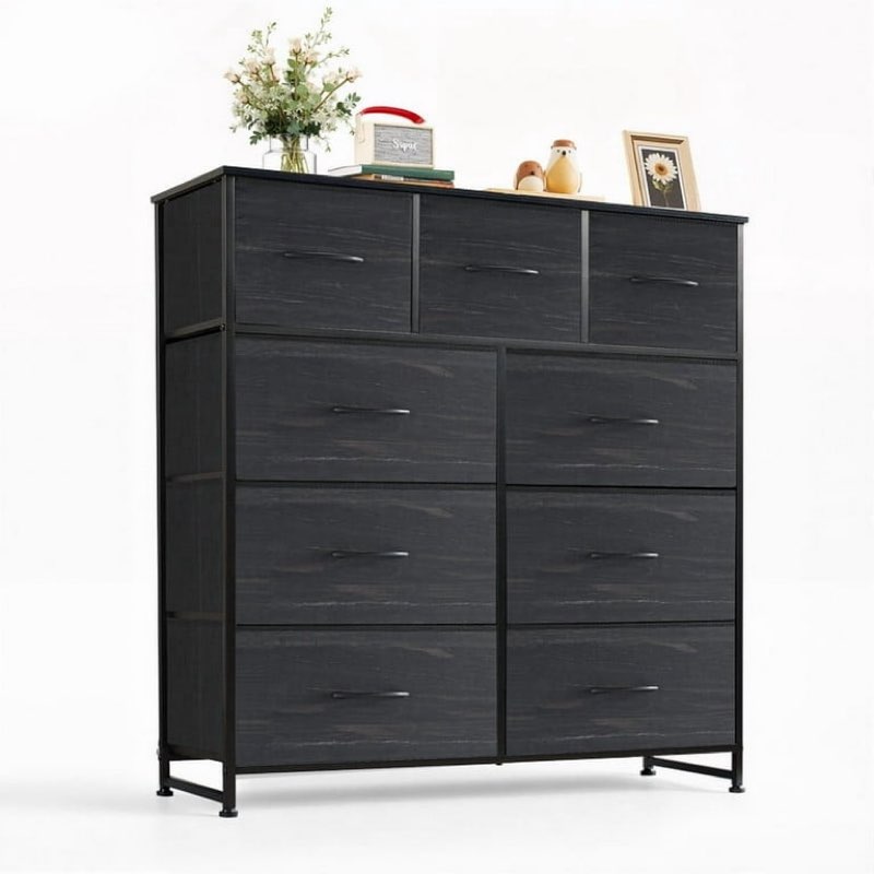 dresser of 9 drawers for bedroom, tall fabric organizer tower for closet with furniture and wooden top, metal structure for bedroom, living room, hallway, entrance, black wood