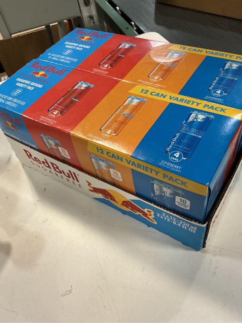 Condition photo showing Good Condition for (Best before 11 /07 / 2027 ) Red Bull Sugar-Free Energy Drink Variety Pack, Energy Drink, Red, Amber, & Sea Blue with 80mg Caffeine plus Taurine & B Vitamins, 8.4 Fl Oz, Pack of 24 Cans (2 Packs of 12) Sugar-Free Variety Pack 8.4 Fl Oz, 24pk, (2x12)