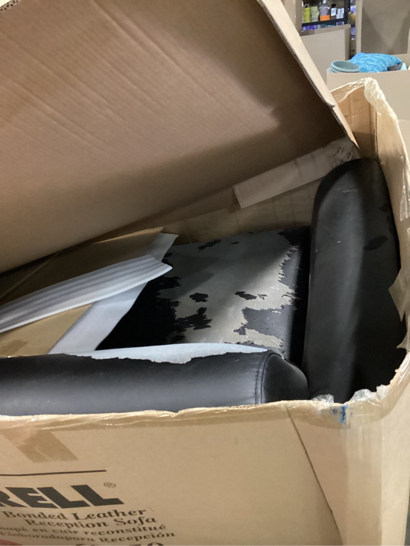 Condition photo showing As Is for lorell llr68950 leather reception sofa, 44\" height x 31\" width x 44\" length, black