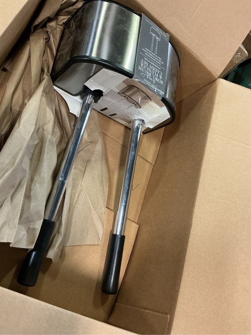 Condition photo showing As Is for bath bliss 2-in-1 toilet brush and plunger set in stainless steel