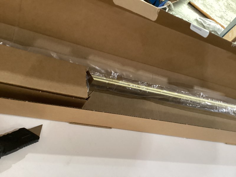 Condition photo showing As Is for Warm Gold Curtain Rods for Windows 48 to 84 Inches Adjustable Length Heavy Duty 1" Diameter Brass Window Curtain Rod with Solid Metal Finials for Outdoor Farmhouse Bedroom Kitchen Living Room