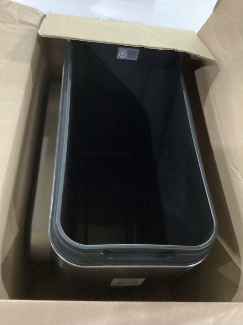 Condition photo showing New/Like New for simplehuman 25 liter / 6.6 gallon slim open top small trash can, commercial grade heavy gauge office trash can, brushed stainless steel brushed 25l slim