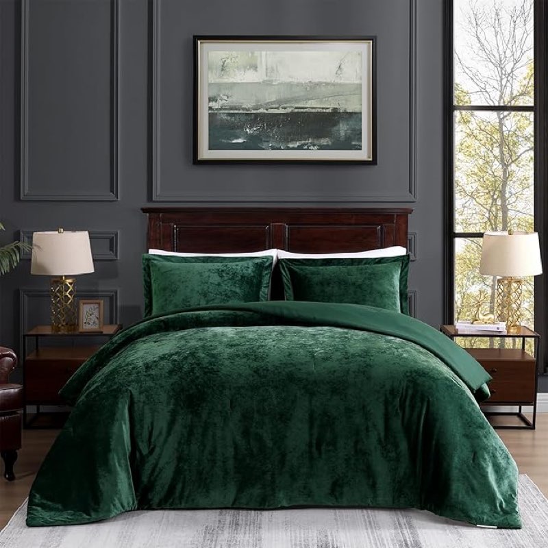 tamgho dark green comforter queen, crushed velvet bedding for all seasons, luxury fluffy soft 3pc bed set includes 1 comforter (92"x96") and 2 pillow shams (20"x26"+2"), emerald green