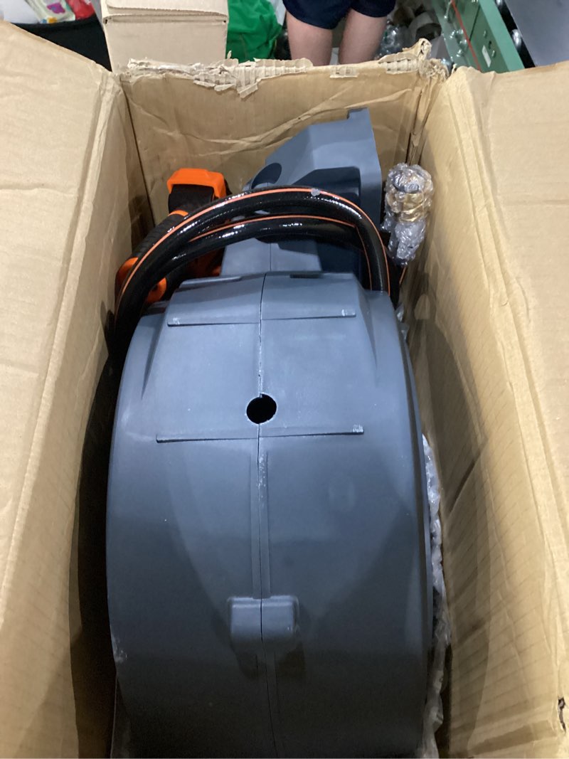 Condition photo showing As Is for giraffe tools hose reel 1/2‘’ 78 ft, heavy duty retractable garden hose reel with any length lock, slow return system, wall mounted and 180 deg swivel bracket 1/ 2"78 ft