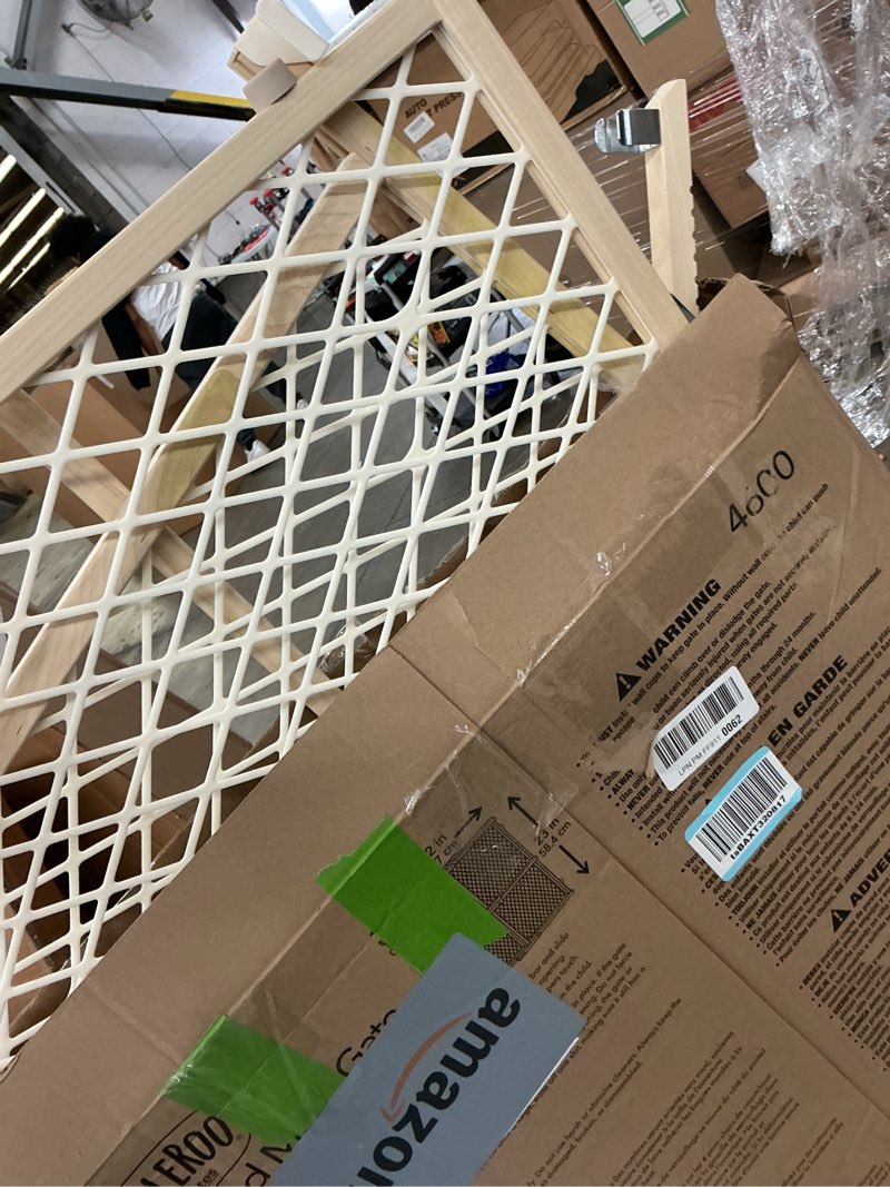 Condition photo showing As Is for Toddleroo by North States Diamond Mesh Wooden Baby Gate: 26.5"- 42" Wide. Pressure Mounted Baby Gate for Doorway. (23" Tall, Sustainable Hardwood)