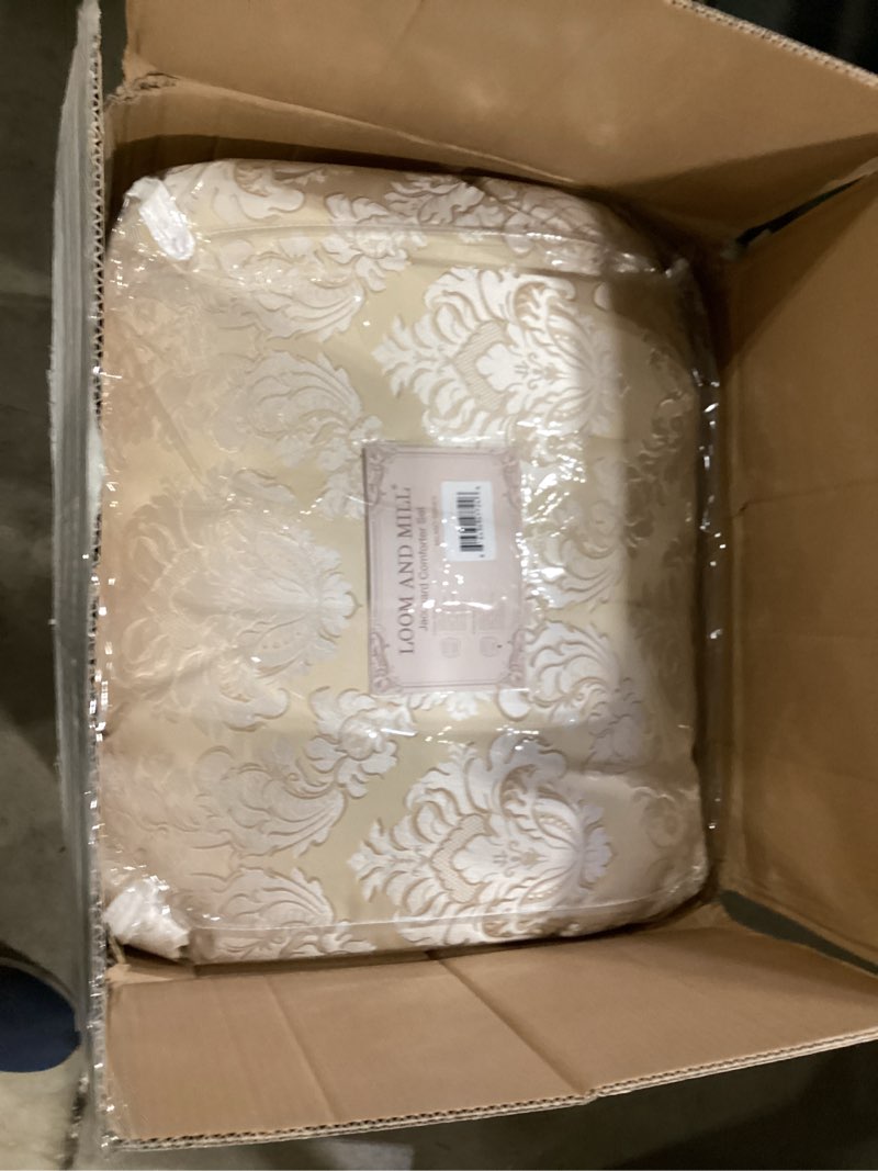 Condition photo showing Good Condition for loom and mill 9-piece elegant damask comforter sets jacquard medallion design, ultra soft floral bedding with euro shams, bedskirt, filled decorative pillow for home (beige white, king) king beige white