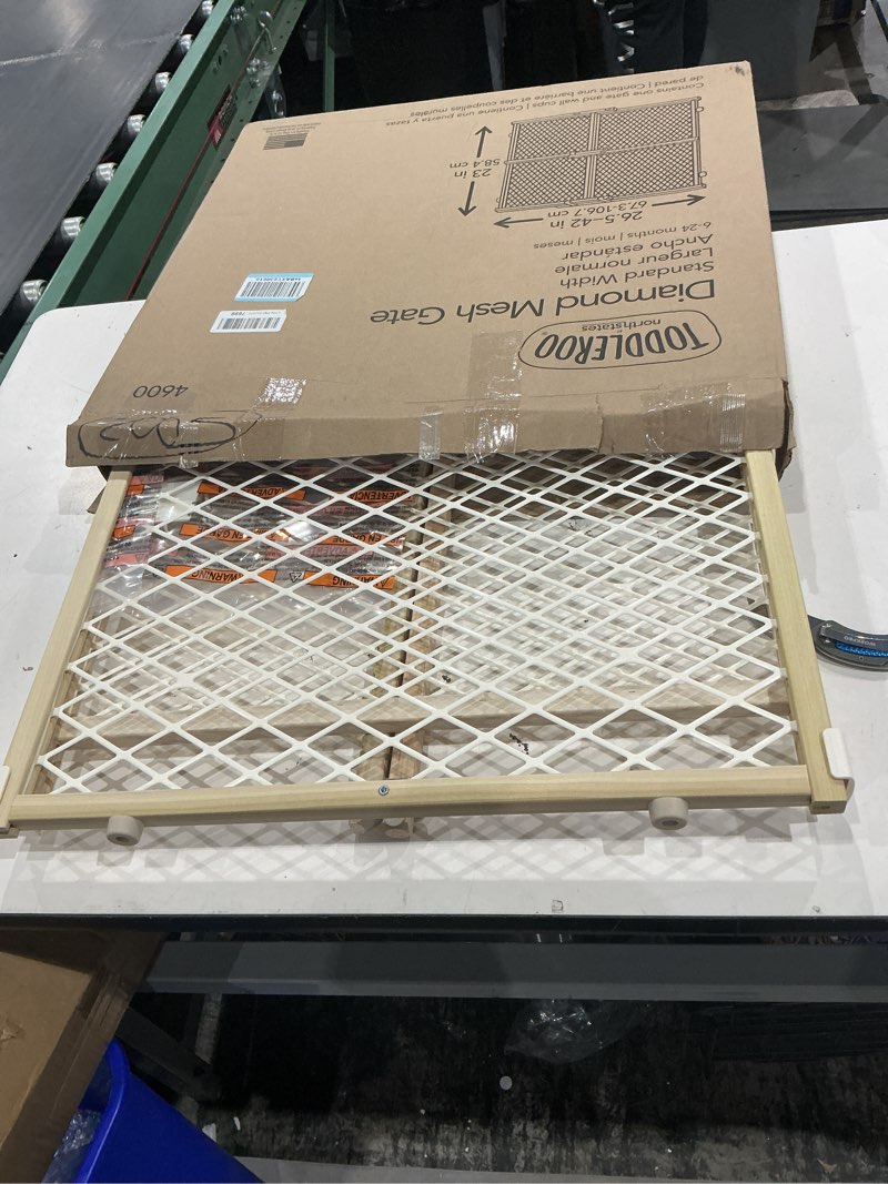 Condition photo showing Good Condition for toddleroo by north states diamond mesh wooden baby gate: 26.5"- 42" wide. pressure mounted baby gate for doorway. (23" tall, sustainable hardwood)