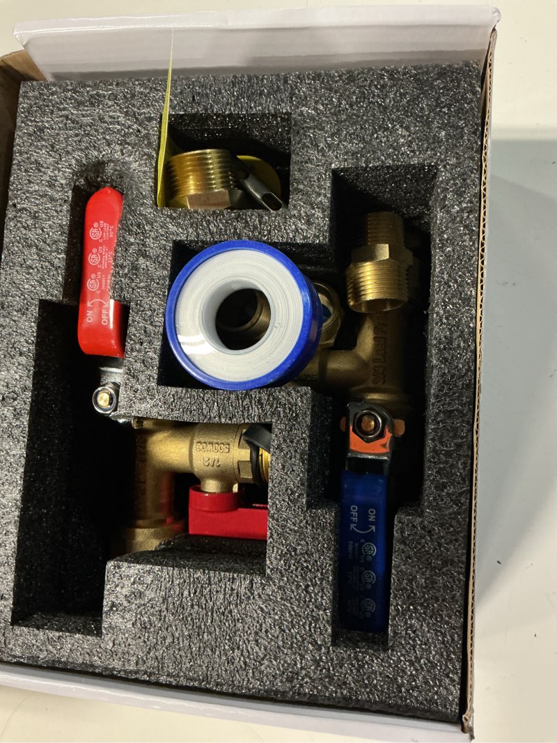 Condition photo showing Good Condition for 8pcs 3/4 inch ips isolator tankless water heater valve kit with 2pcs 3/4" npt to 1/2" fnpt and 2pcs brass pipe fitting, tankless water heater flushing kit with pressure relief valve, clean brass