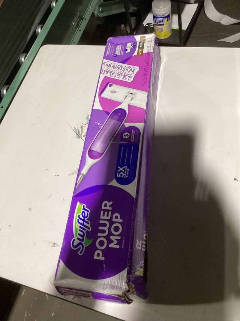 Condition photo showing New/Like New for Swiffer PowerMop Multi-Surface Mop Kit for Floor Cleaning, Includes PowerMop, 2 Mopping Pad Refills, 1 Cleaning Solution with Fresh Scent and 2 Batteries Purple and White
