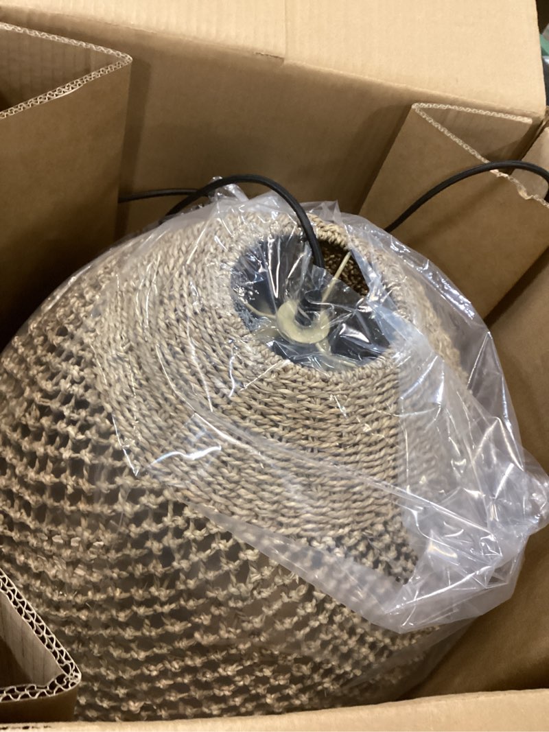 Condition photo showing New/Like New for ZSLONGYING 19” Large Rattan Pendant Light Fixture,3 Light Boho Handmade Woven Wicker Rattan Ceiling Farmhouse Chandelier for Kitchen Island Dining Rooms, Corridors, and Entrance Halls. 19" Rattan 3-light 19 inch