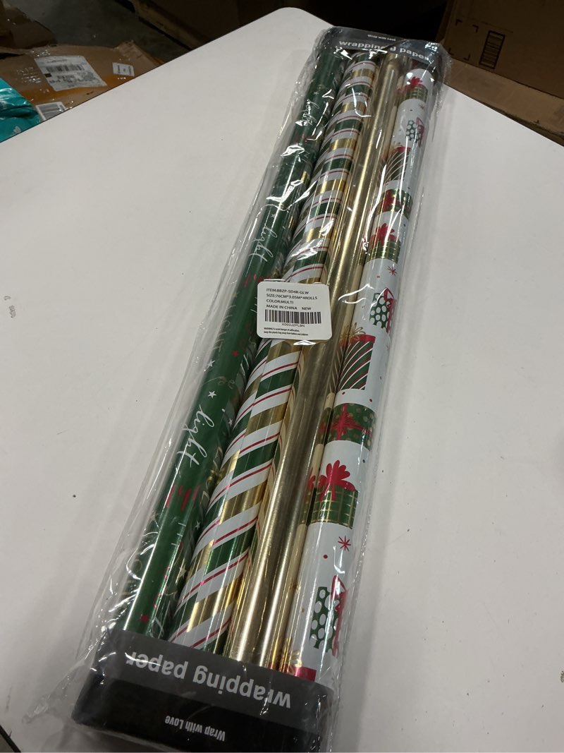 Condition photo showing New/Like New for WRAPAHOLIC 30 Inch Christmas Wrapping Paper Roll - Jumbo Roll Red, Green, Gold Bird, Christmas Garland, Holly and Pinecones with Metallic Foil Shine Design - 4 Rolls - 30 Inch x 120 Inch Per Roll Christmas - Bird - 4 Rolls
