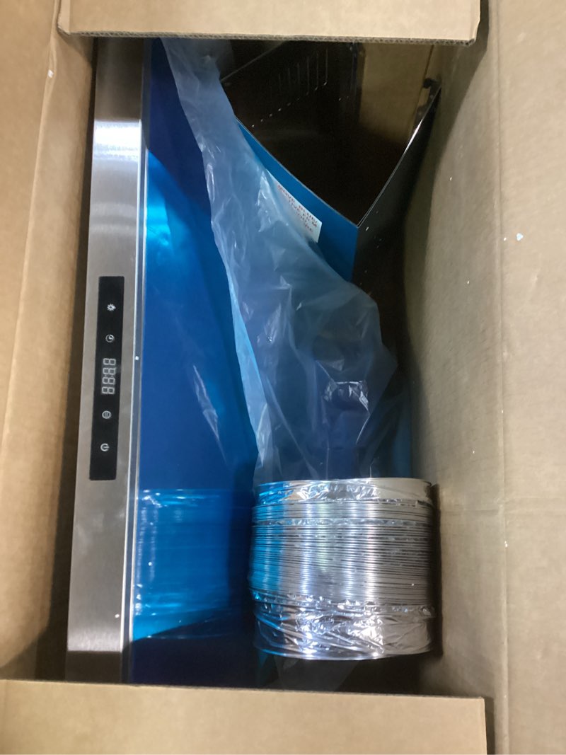 Condition photo showing As Is for tieasy wall mount range hood 30 inch kitchen hood 700 cfm with ducted/ductless convertible duct, touch control, permanent filters, stainless steel, 3 speed exhaust fan, led light 30 inch|touch control