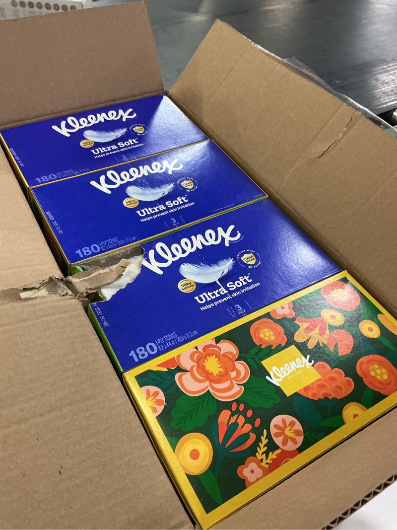 Condition photo showing Good Condition for kleenex ultra soft facial tissues, 4 flat boxes, 180 tissues per box, 3-ply, packaging may vary be16  