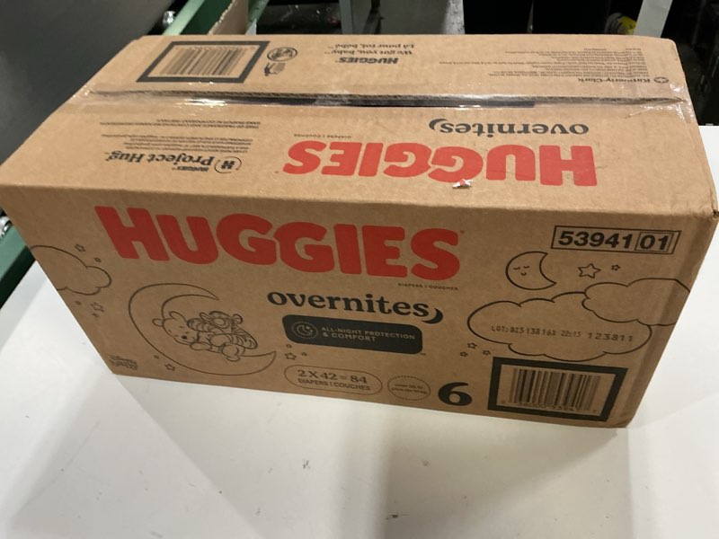 Condition photo showing New/Like New for huggies size 6 overnites baby diapers: overnight diapers, size 6 (35+ lbs), 84 ct (2 packs of 42), packaging may vary size 6 84
