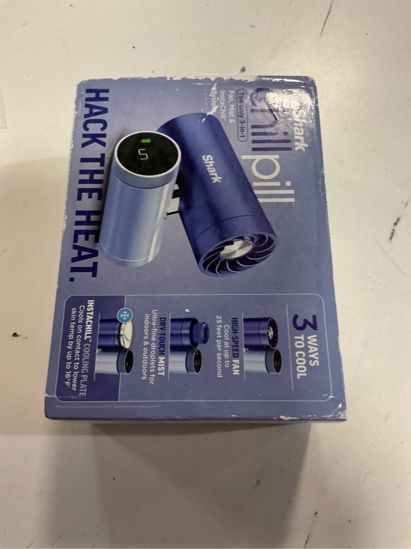 Condition photo showing New/Like New for shark chillpill, the only 3-in-1 personal cooling system with fan, instachill cooling plate & dry-touch mist, portable, handheld, and wearable with rechargeable battery, 10 speeds, haze, fa022lv