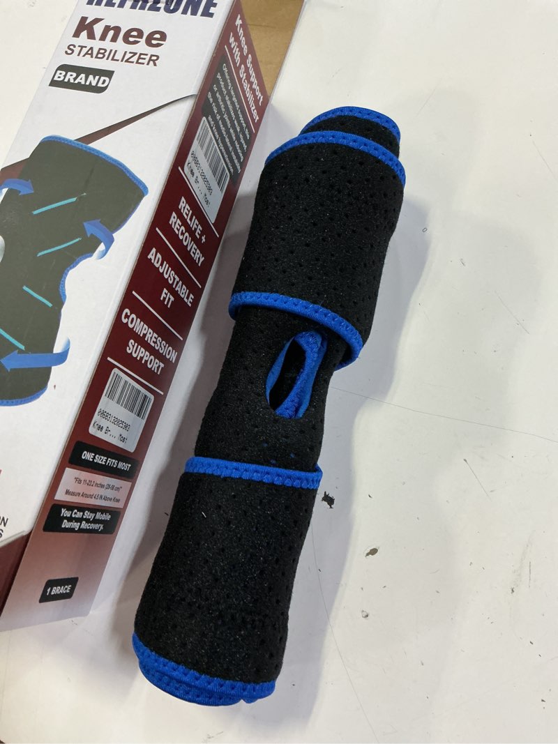 Condition photo showing Good Condition for adjustable knee brace with side stabilizers for running, compression knee support for meniscus tear, arthritis, acl, lcl, knee pain relief for men & women, one size