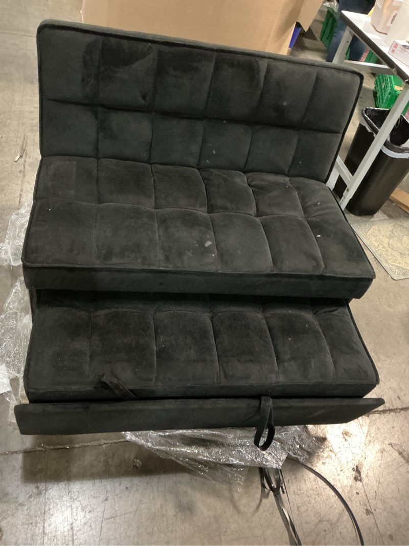 Condition photo showing As Is for 4-in-1 multi-functional sofa bed with cup holder and usb port, velvet pull out sofa bed with 2 pillows and adjustable backrest, 58" loveseat couch bed for living room office (black-v) (incomplete)
