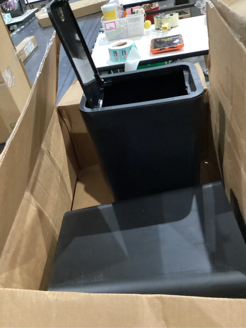 Condition photo showing As Is for  2 pack plastic trash can with press top lid, 2.6 gal modern garbage can, small wastebasket for bathroom, black
