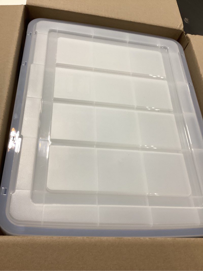 Condition photo showing Good Condition for IRIS USA WeatherPro 27 Qt Storage Bins with Lids, 3 Pack, BPA-Free Plastic Gasket Box with Tight Latch and Seal, Stackable Nestable Tote Tub - Clear/Blue 27 Qt. - 3 Pack