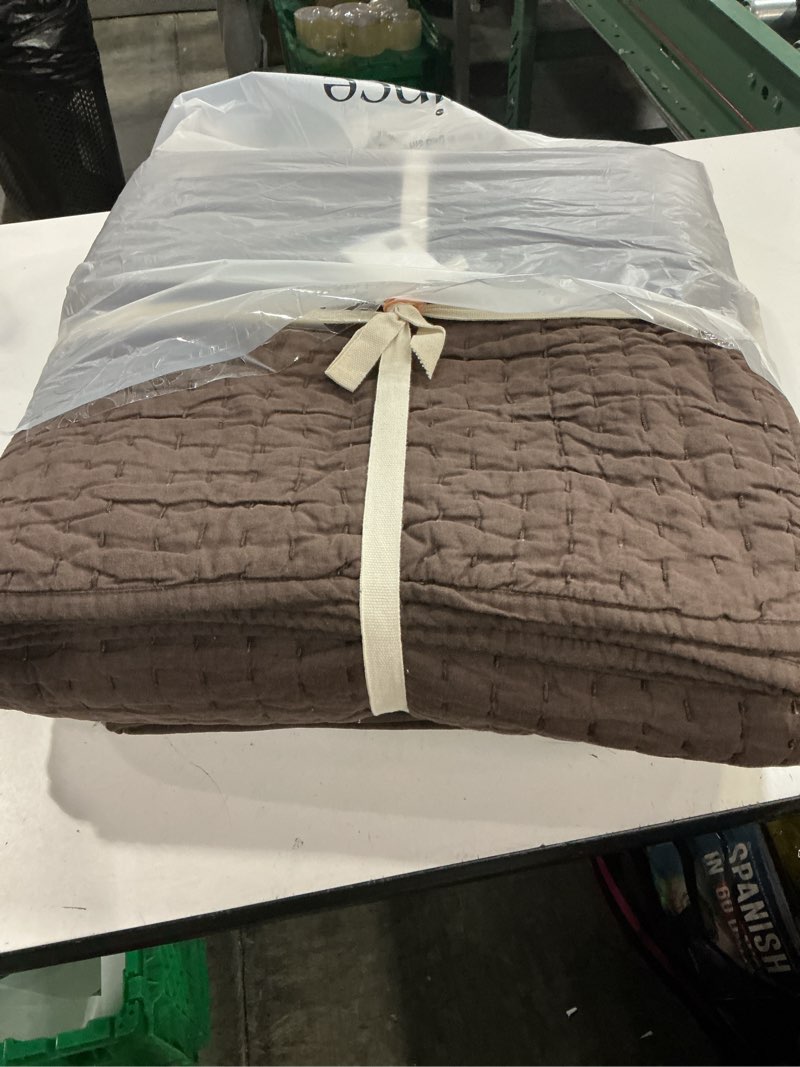 Condition photo showing New/Like New for european linen cotton stitch quilt set full queen espresso brown