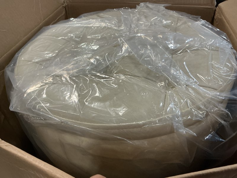 Condition photo showing New/Like New for faux leather round ottoman with storage 12.6" w x 14.17" h & 14.76" w x 17.32" h set of 2, small boucle coffee table footstool with removable lid for living room, bedroom, beige beige 14.8"d x 14.8"w x 17.3"h
