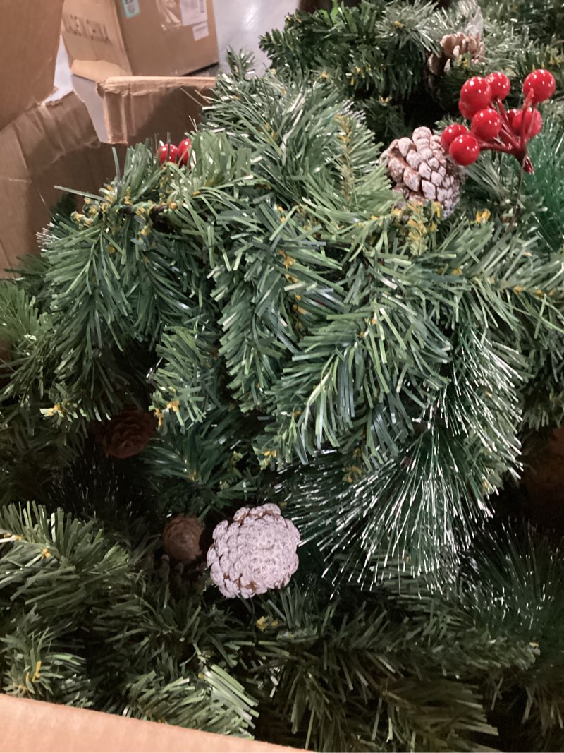 Condition photo showing Good Condition for TigeJoy 9FT Luxury Prelit Christmas Garland with Warm White LED Timer Lights, Snow Cedar Garland with Red Berries, Mixed Pinecones, 8 Modes 3AA Battery Operated Xmas Decor for Fireplace Doorway Porch Rich Decor Garland