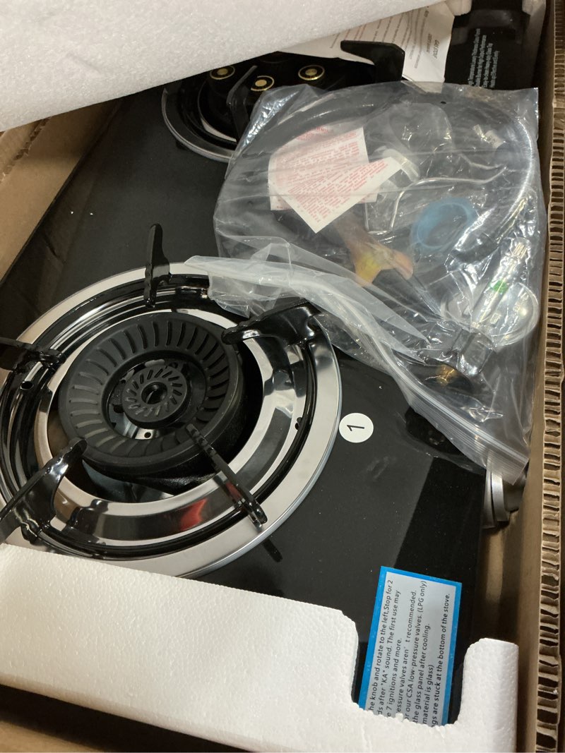 Condition photo showing Good Condition for Propane Stove 2 Burner Gas Stove Novel 9 Copper Propane Burners Auto Ignition Tempered Glass with LPG CSA Hose for Outdoor Cooking,Emergency