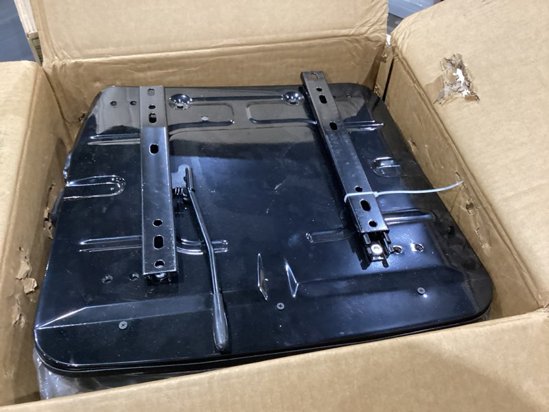 Condition photo showing As Is for universal forklift & tractor seat with adjustable backrest angle, sliding rail, heavy-duty replacement seat for tractor, excavator, skid steer, backhoe, dozer, telehandler