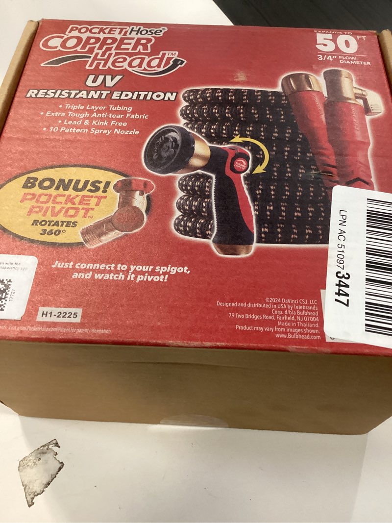 Condition photo showing New/Like New for pocket hose 50 ft copper head expandable garden hose with pocket pivot, no tangles, as seen on tv, 360° swivel, tri-tex tubing, force field jacket, lead-free, no-kink, anti-burst w/apt
