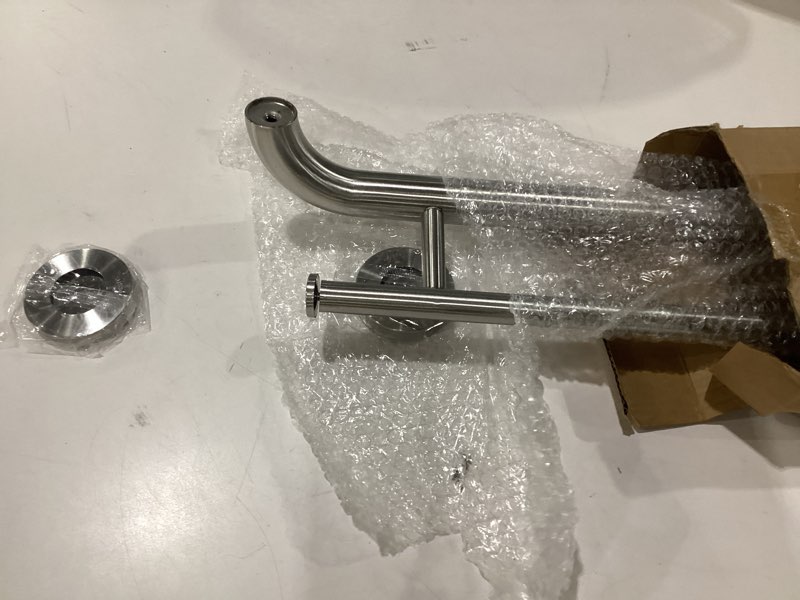 Condition photo showing As Is for brushed nickel double toilet paper holder w/safety bar 24 inch, zepolu 2-in-1 assist bar balanced support handle, stainless steel wall mounted bathroom toilet grab bar for senior elderly handicap 24 inch paper holder - brushed nickel