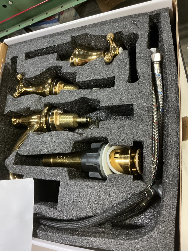 Condition photo showing As Is for Bathroom Faucets for Sink 3 Hole, Vintage 8 to 16 Inch Widespread Bathroom Sink Faucet with Pop-up Drain and Supply Lines, Gold