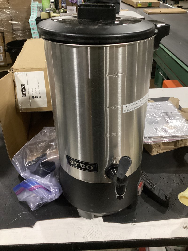 Condition photo showing As Is for sybo commercial grade stainless steel percolate coffee maker, hot water urn for catering, hot beverage dispenser, 40-cup, 6l, metallic 6l metallic