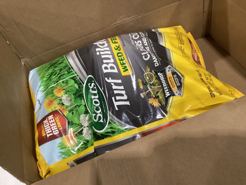 Condition photo showing Good Condition for scotts turf builder weed and feed5 - weed killer plus lawn fertilizer, lawn weed killer, controls dandelion and clover, grass fertilizer for up to 12,000 sq. ft., 33.95 lb.