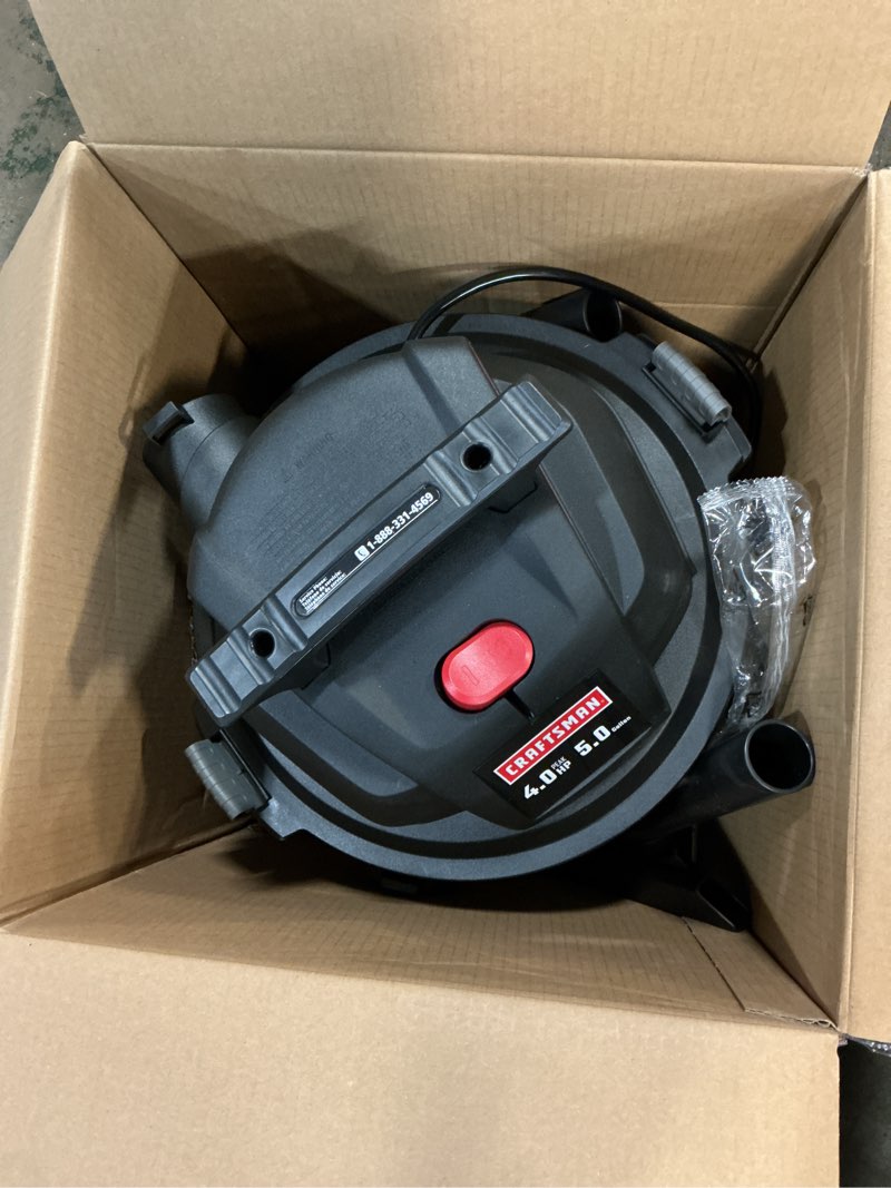 Condition photo showing As Is for craftsman 5-gallon 4-hp corded wet/dry shop vacuum with accessories included