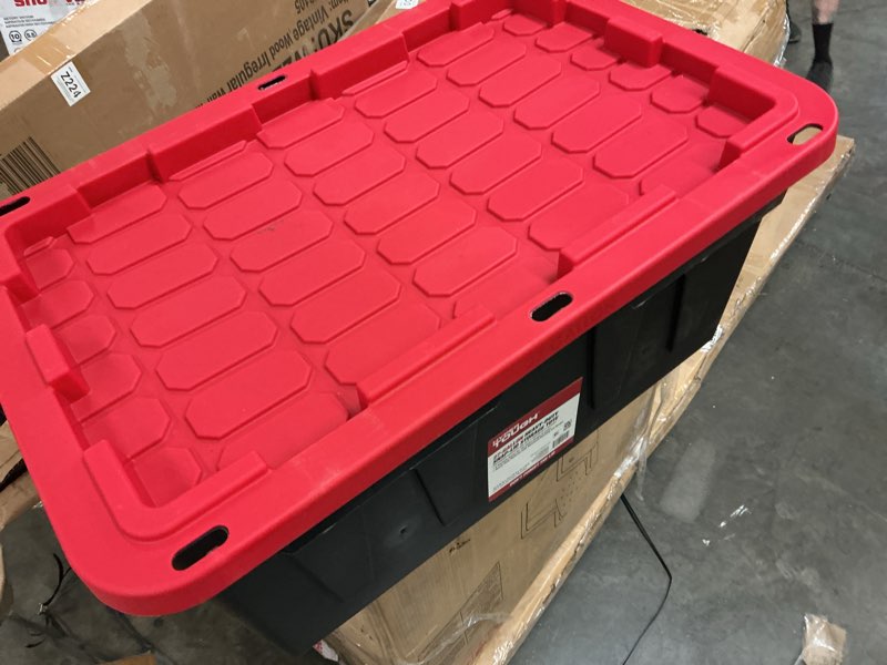 Condition photo showing Good Condition for hyper tough 27 gallon snap lid plastic storage bin container, black with red lid