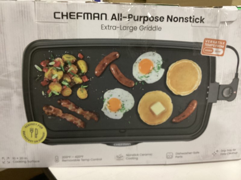 Condition photo showing As Is for Chefman XL Electric Griddle with Removable Temperature Control, Immersible Flat Top Grill, Burger, E