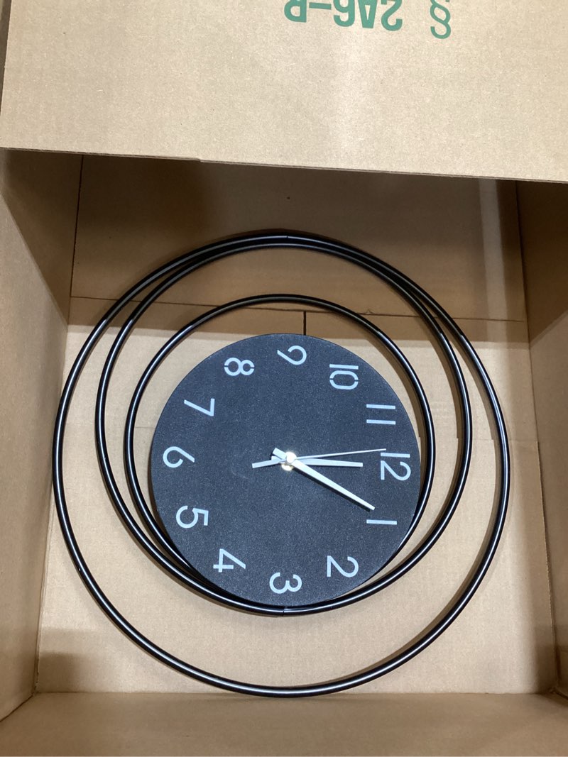 Condition photo showing As Is for 16inch decorative wall clock, silent non-ticking quality quartz battery operated, large wall clock for living room kitchen home bathroom bedroom wall decor, black 231-black