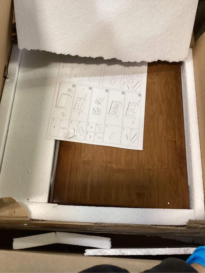 Condition photo showing Good Condition for Wall Mounted Bamboo Countertop Storage Cabinet with Glass Door, Hanging Kitchen Cupboard with Adjustable Shelves, Small Pantry Sideboard for Dining Room, Bathroom, Walnut Walnut Brown-30.3"