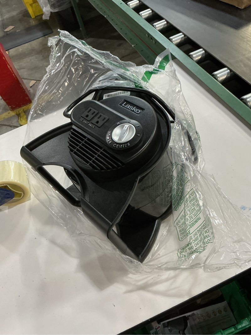 Condition photo showing As Is for lasko portable utility fan, 12” 289 cfm pivoting high velocity air mover blower fan, 3 speeds, 2 accessory outlets 120v, black, u12104 classic
